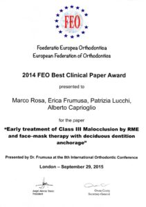 BEST CLINICAL PAPER AWARD 2015 della Federazione Europea di Ortodonzia - Londra 2015 alberto Caprioglio dentista denti Pavia