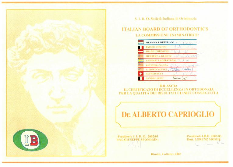 Italian Board of Orthodontics- Diploma 2003 alberto Caprioglio dentista pavia