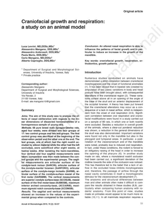 Craniofacial growth and respiartion a study on an animal model