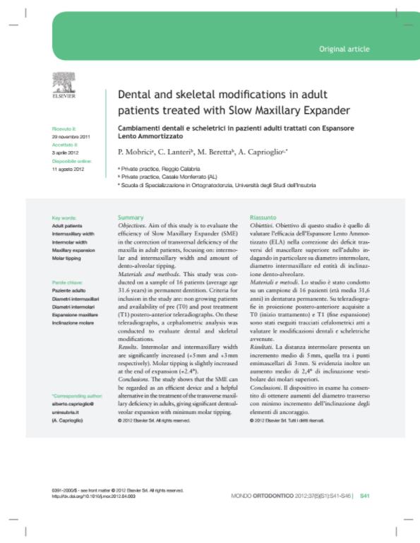 Dental and skeletal modifi cations in adult patients treated with Slow Maxillary Expander