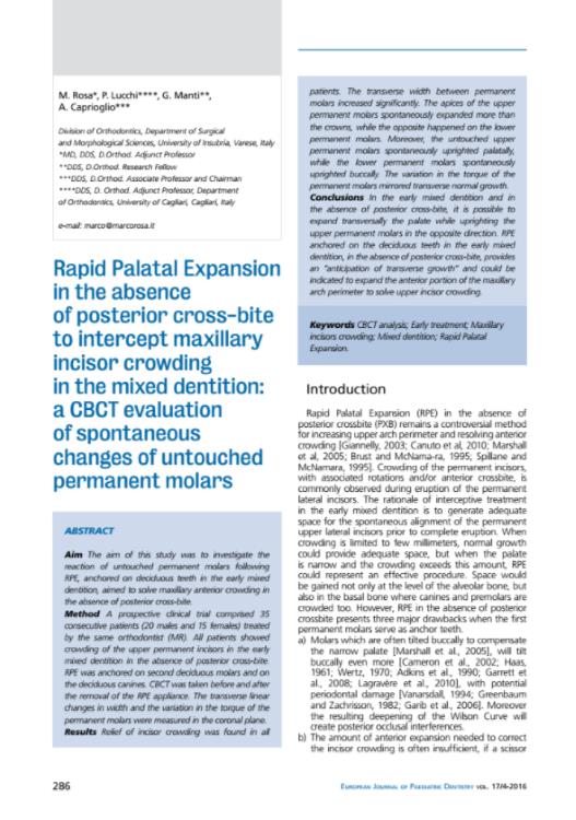 Rapid Palatal Expansion in the absence of posterior cross-bite to intercept maxillary incisor crowding in the mixed dentition-2016 Alberto Caprioglio articolo scientifico