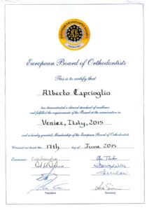 European Board of Orthodontics - Diploma 2015 alberto caprioglio dentista pavia