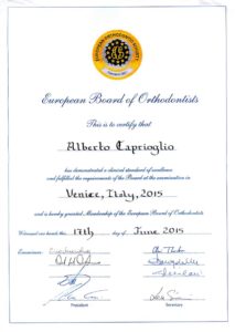 European Board of Orthodontics - Diploma 2015 alberto caprioglio dentista pavia