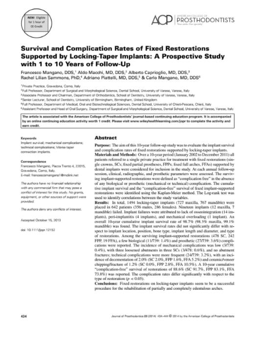 Survival and complication rates of fixed restorations supported by locking-taper implants