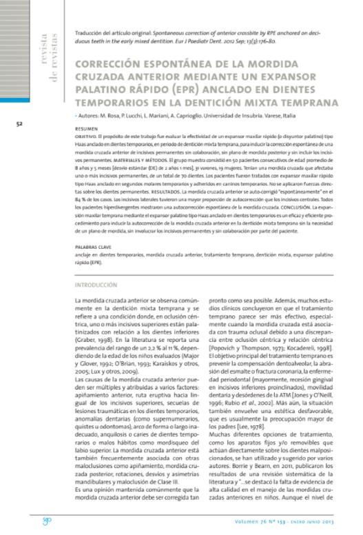 Corrección espontánea de la mordida cruzada anterior mediante un expansor palatino rápido (epr)