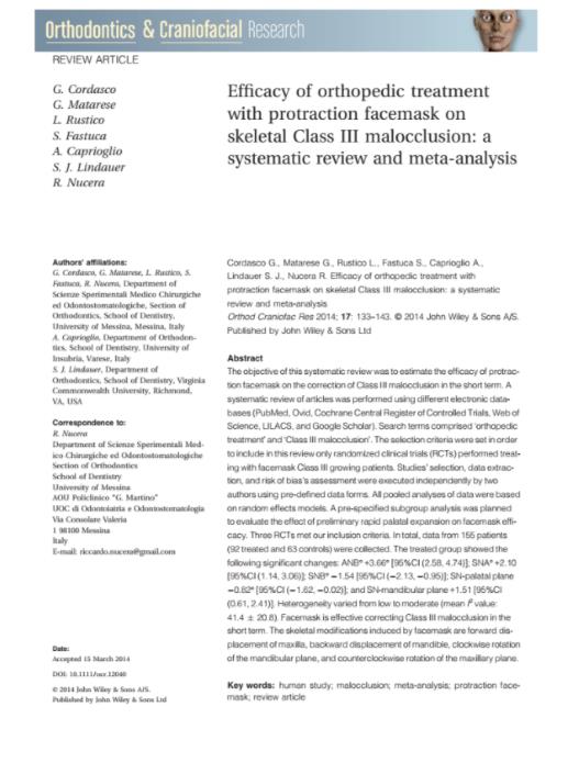 Efficacy of orthopedic treatment with protraction facemask on skeletal